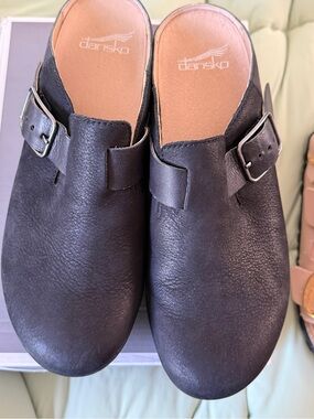 Dansko Black Leather Slip-On Clogs with Buckle